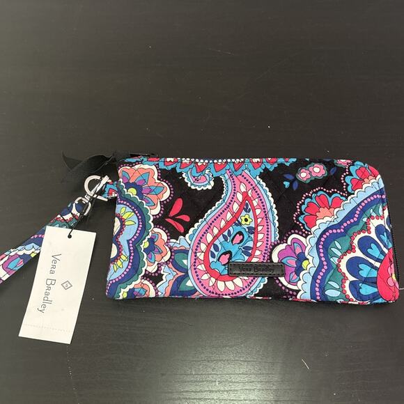 NWT Vera Bradley RFID Tech Wristlet Wallet Haymarket Paisley Black Blue Pink - Picture 1 of 7